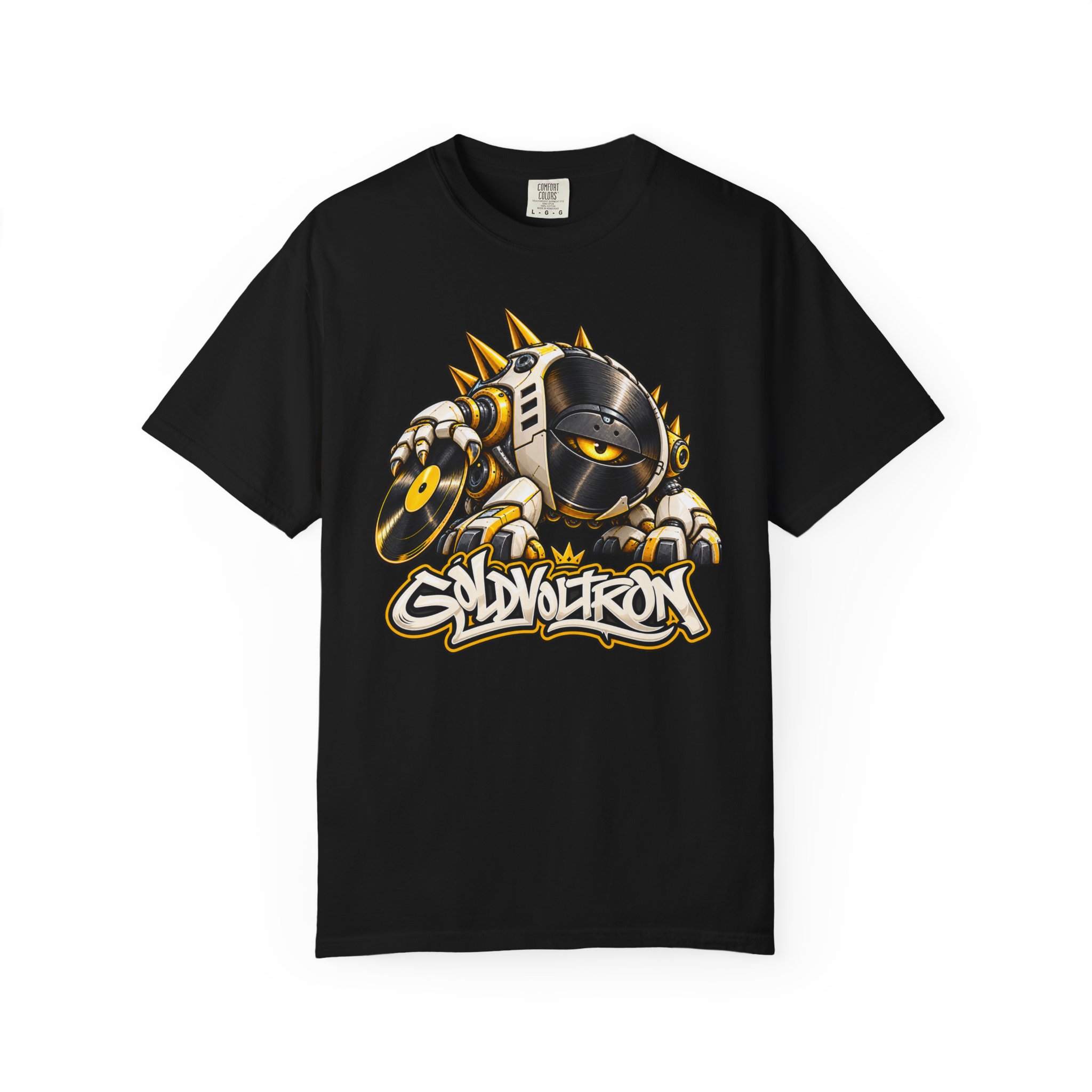 GoldVoltron Vinyl Mecha Tee on a black Comfort Colors shirt