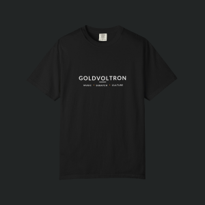 GoldVoltron Signature Tee in Black, front view on charcoal background